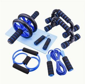 Seven-piece Fitness Set For Small Home Use, Skipping Rope, Grip Strengthener, Push-ups, Abdominal Wheel, Muscle - Portable Equipment For Muscle S (Color: Blue)