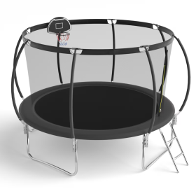12 FT TRAMPOLINE BLACK PUMPKIN-STYLE SAFETY NET WITH BASKETBALL HOOP (Color: BLACK)